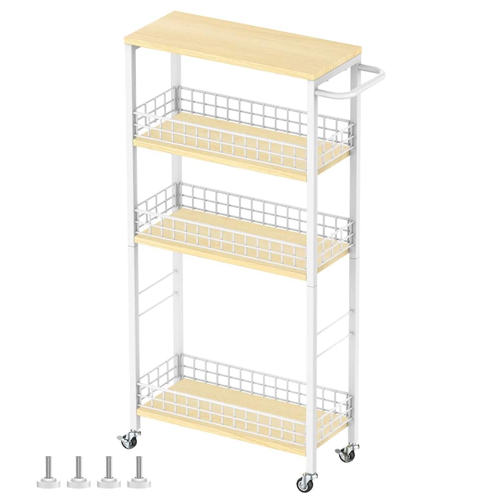 Slim Storage Cart 4-Tier Rolling Kitchen Utility Cart White Narrow Slide Out Laundry Storage Cart on Wheels Wood Table Top