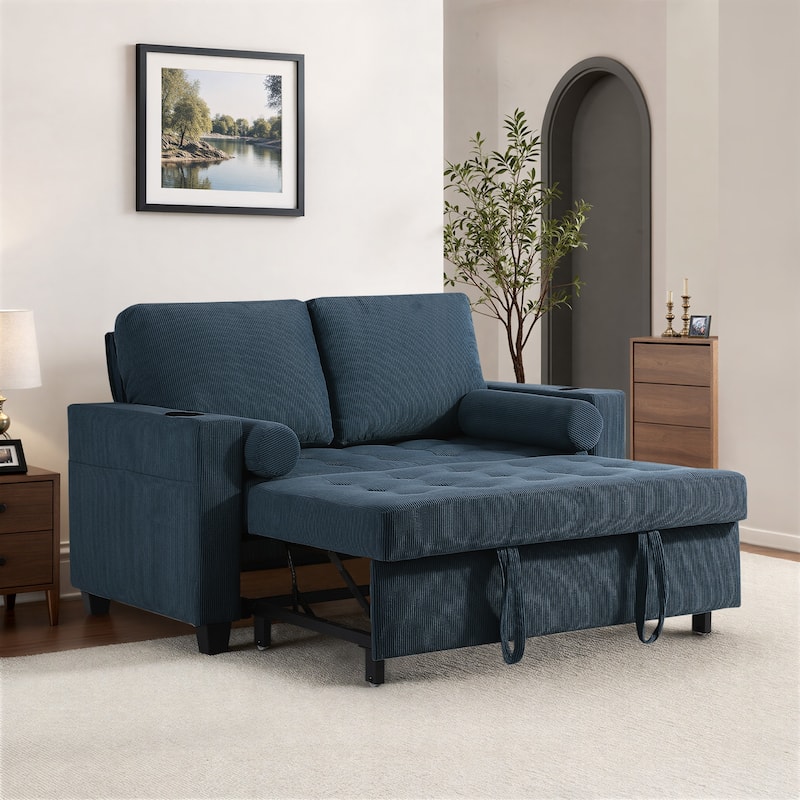 3-in-1 Corduroy Sleeper Sofa Pull-Out Bed Convertible Adjustable Loveseat with USB Port - Sofa - Navy