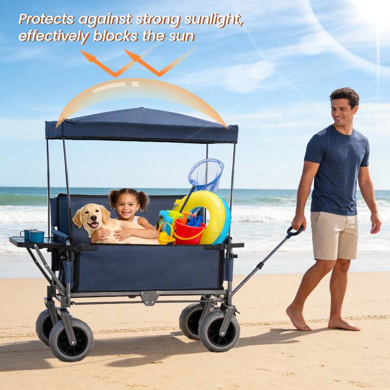 3-in-1 Collapsible Wagon,Convertible Folding Cart with Canopy &Rear-Mounted Folding Tabletop, 500lbs Heavy-Duty, 180L Capacity