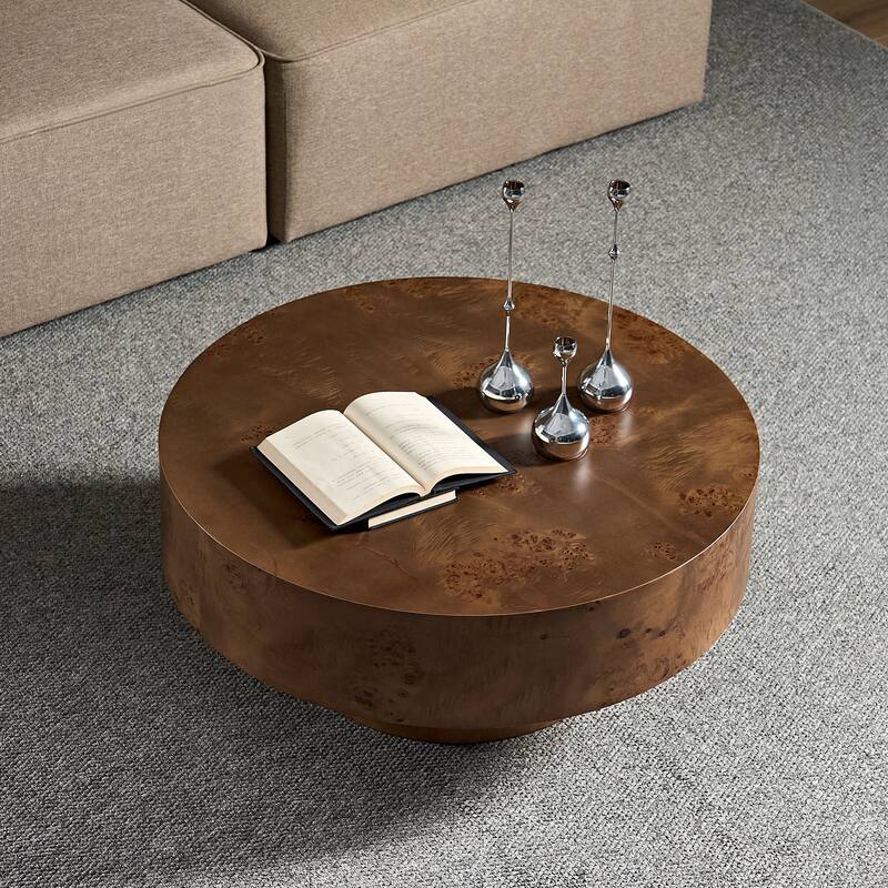 31.49" Round Coffee Table with Burl Wood Veneer, Sturdy Pedestal for Living Room, Modern Low Center Table Accent Cocktail Table