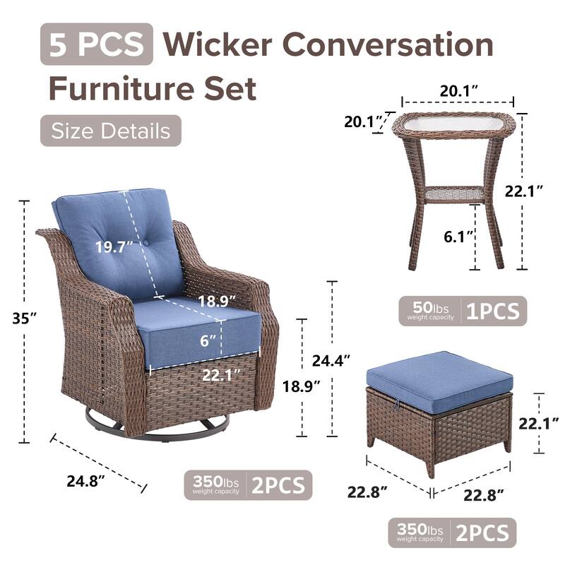 Gymojoy 5-Piece Wicker Patio Furniture Set, 6-Inch Ultra Thick Cushioned 360° Swivel Glider Chairs