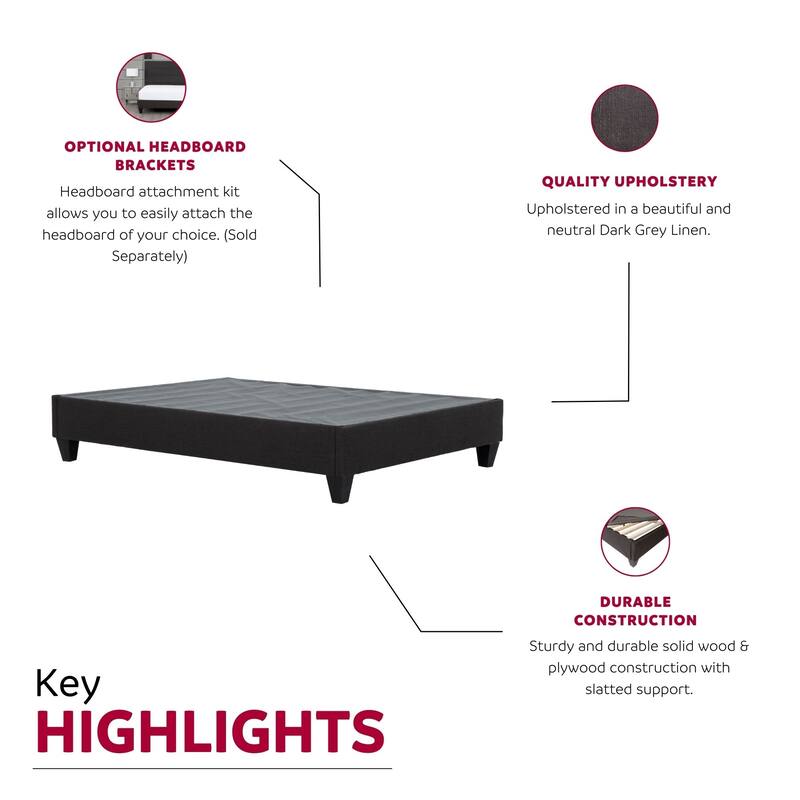 Modern Bedroom Upholstered Twin-Size Platform Bed Base, Wooden Mattress Foundation Bed Frame, Dark Grey - DARK GREY