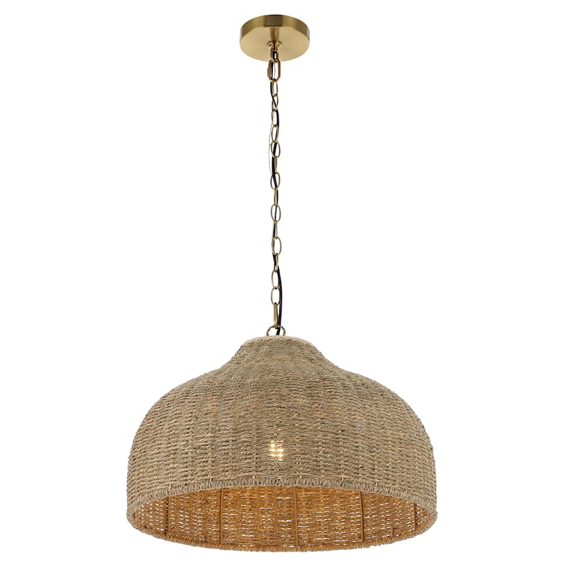 Lacey 20" 1-Light Coastal Bohemian Rattan/Iron Dome LED Pendant, Brown/Brass Gold by JONATHAN Y - Brown/Brass Gold - 20"