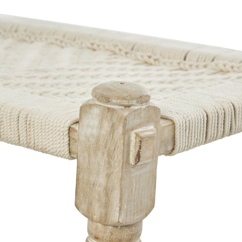Cotton Fabric Handmade Woven Chevron Patterned Home Bench with Light Brown Mango Wood Legs - Beige - Roche River Decor