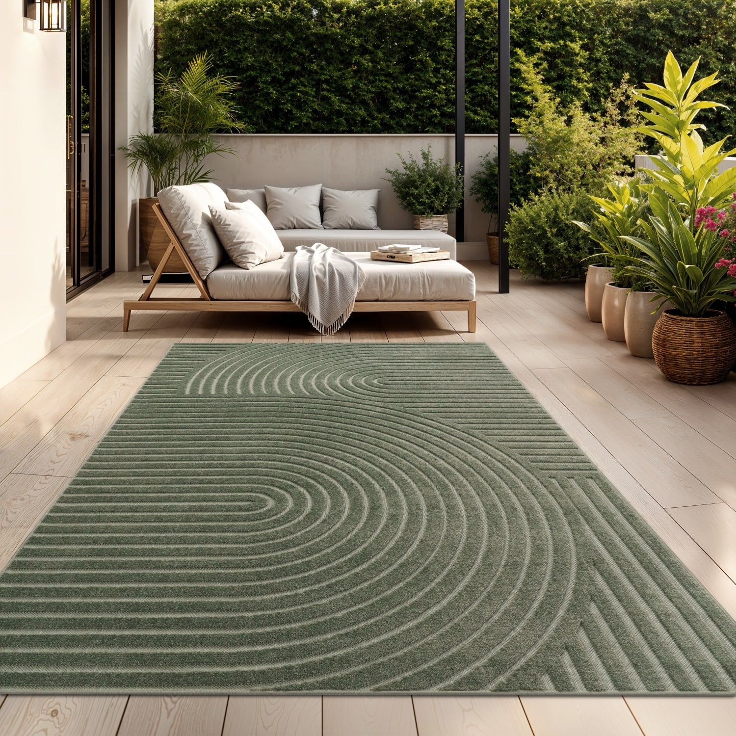 Minimalist In- & Outdoor Rug Boho with Curved Boho Pattern in Green