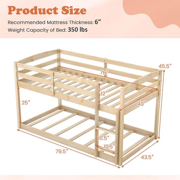 dimension image slide 2 of 4, Costway Twin over Twin Low Bunk Bed with Guardrails Integrated Ladder - See Details
