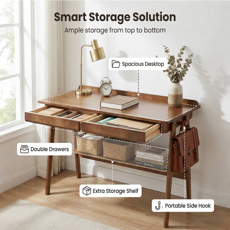 Anmytek Mid Century Modern Walnut Solid Wood Writing Desk with Drawers and Storage Shelf