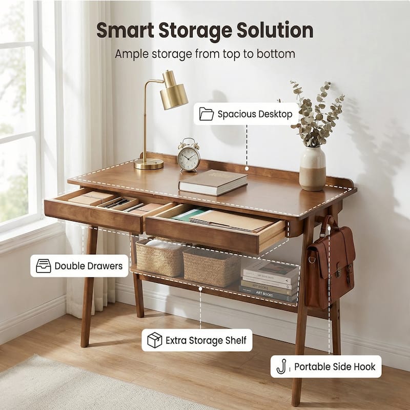 Solid Wood Writing Desk, Home Office Desk for Small Spaces, Mid Century Modern Desks with 2 Drawers & Storage Shelf