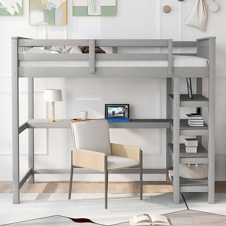 Space-Saving Loft Bed with Storage Shelves and Desk, Solid Wood Loft Bed Frame with Ladder and Guardrail for Kids Teens Adults