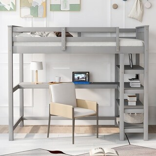 Twin Size Loft Kids Bed with Desk, Storage Shelves, Solid Wood, Space-Saving Design, Grey