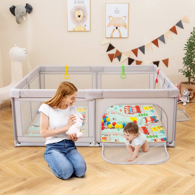 Grey Oxford Fabric Kids Playpen with Mesh Doors, Ocean Balls and Walk Rings - 73" L x 61.5" W x 27" H - Grey