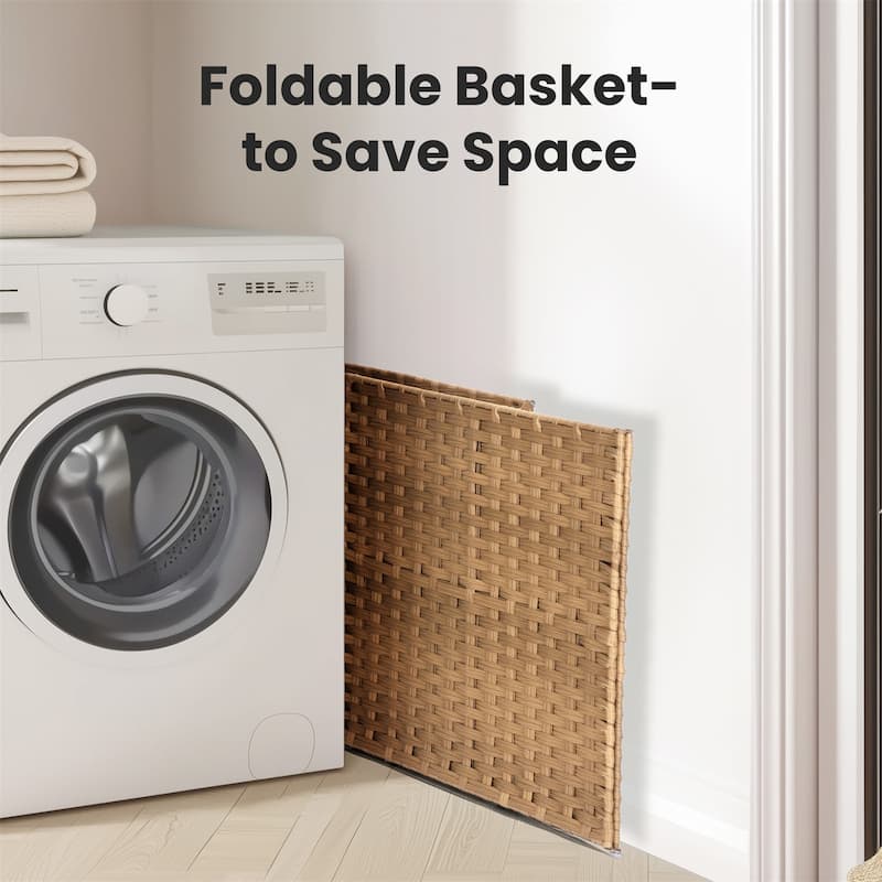 Laundry Hamper with Lid, Synthetic Rattan Clothes Laundry Basket with Lid and Handles, Foldable, Removable Liner