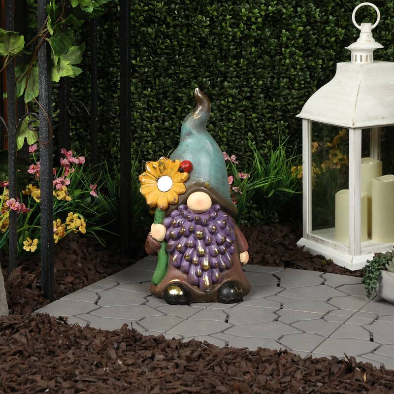 Solar Gnome Holding Flower w/ Turquoise Hat Statuary