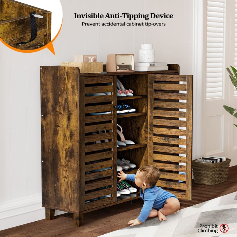 Hidden Shoe Cabinet with 3 Doors, 5 Tier Shoe Organizer Rustic Brown
