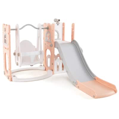 Pink-White HDPE 7-in-1 Kids Slide Set with Swing and Basketball Hoop - 56" x 65" x 33.5" (L x W x H)