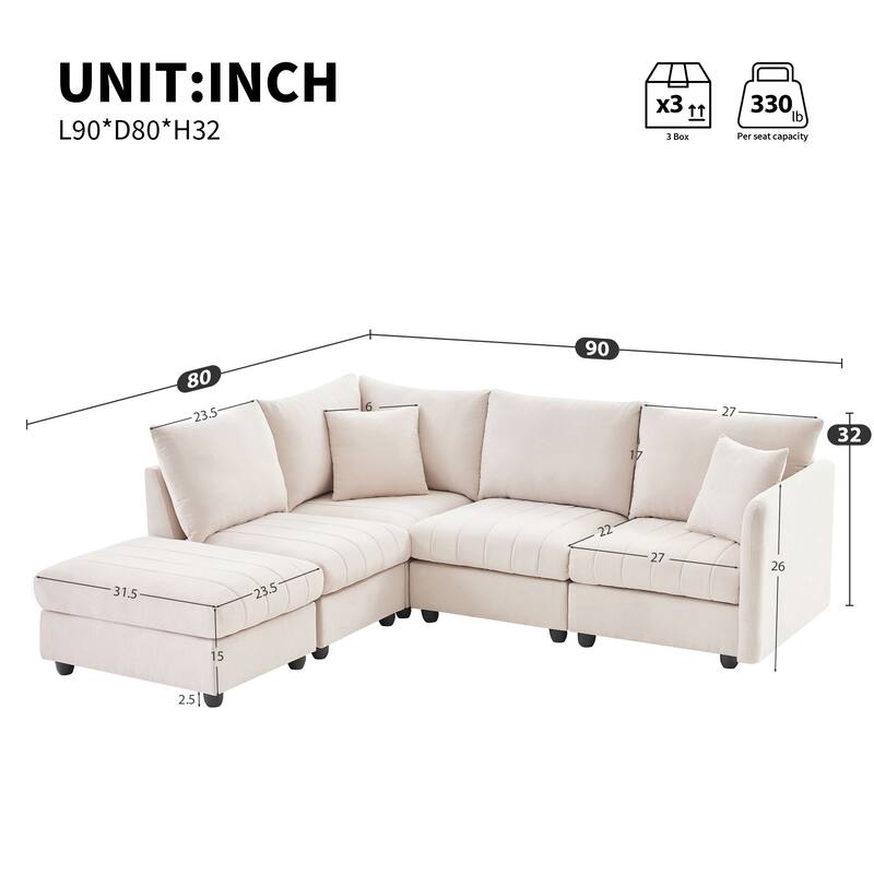 5-Seat Convertible Sofa Set with Ottoman, 89*79" Linen Sectional Sofa with 2 Pillows for Livingroom L-Shape Sectional Sofa