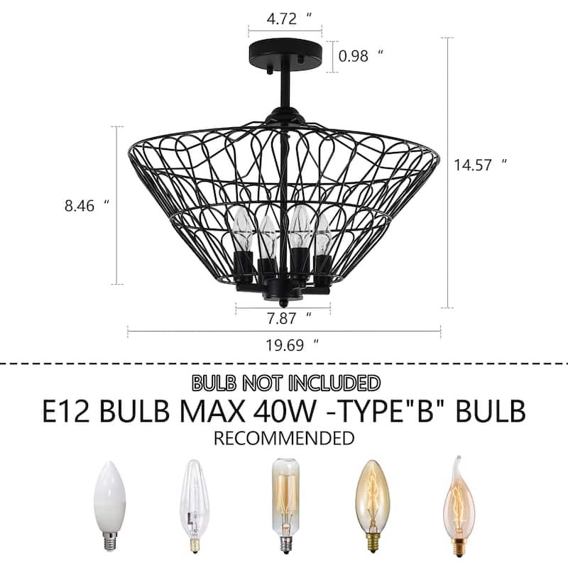 Matte Black 4-Light Metal Open Cage Semi-Flush Mount - Matte Black