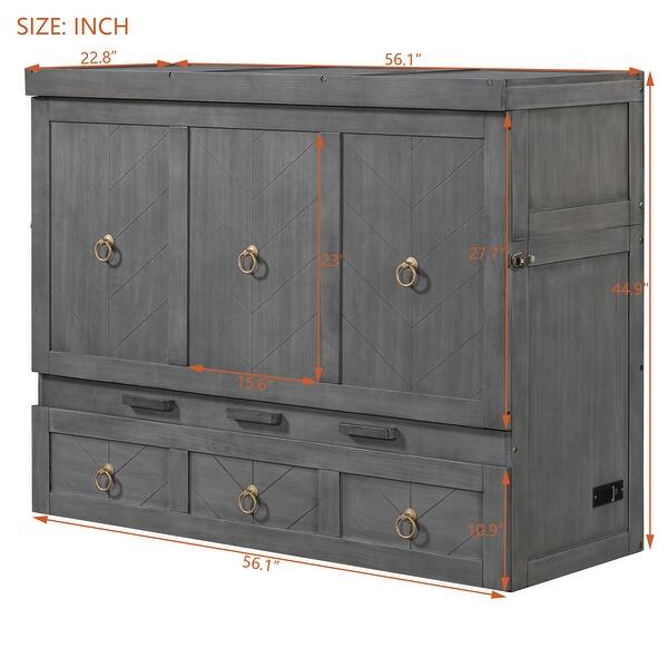dimension image slide 1 of 2, Murphy Bed with USB Port and a Large Drawer, Folding Bed, Gray