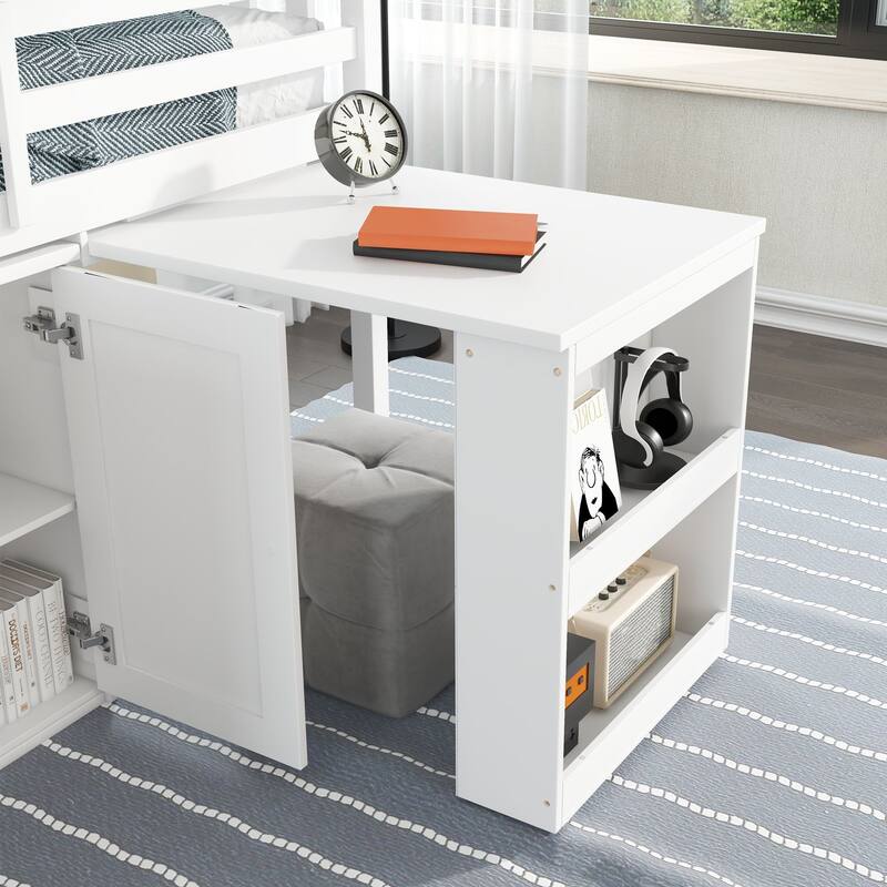 Solid Wood Twin Loft Bed with Drawer, Shelf Cabinet, Pull-Out Study Desk, Safety Guardrail, and Ladder for Kids
