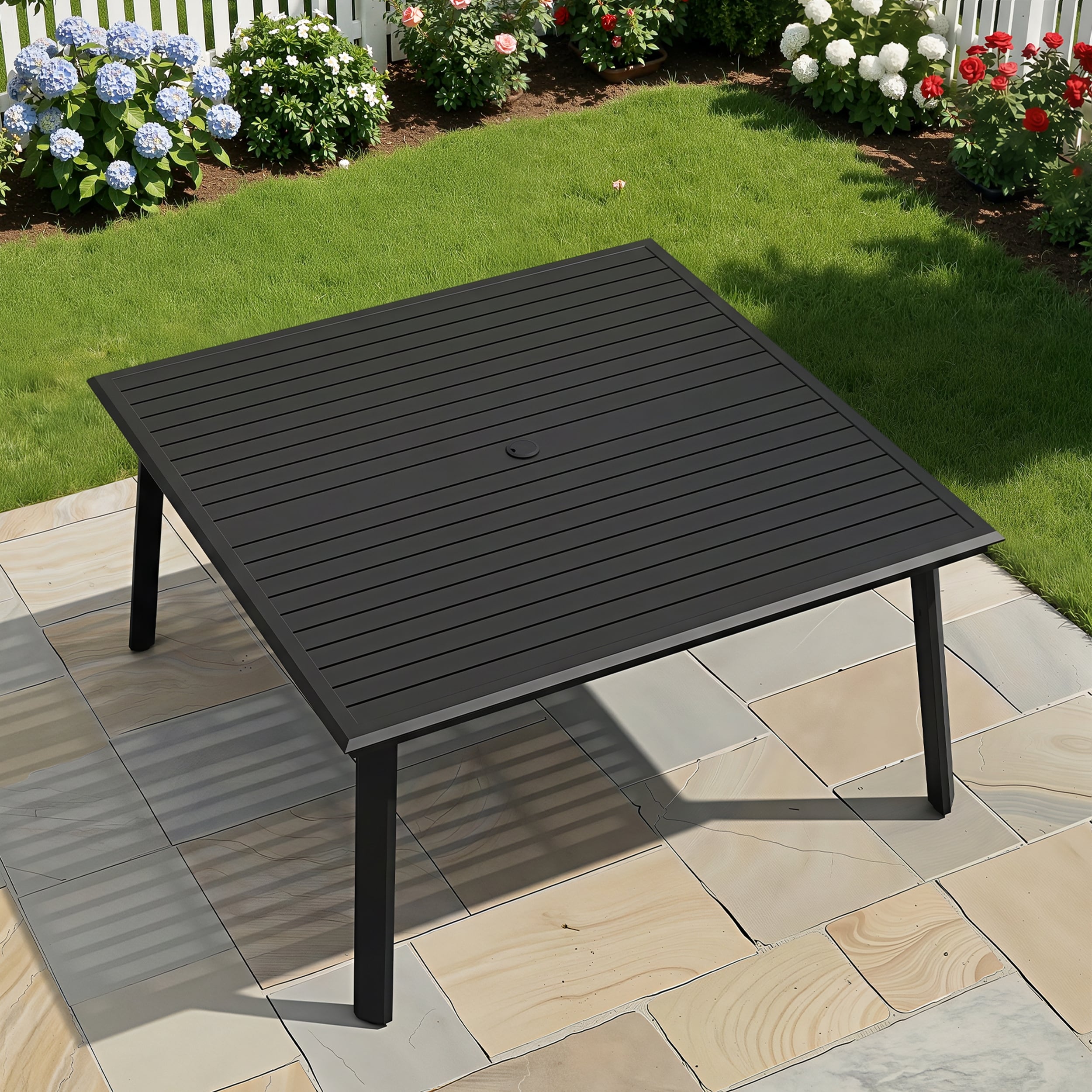 Outdoor Rectangle All-Aluminum Dining Table with Umbrella Hole for 6-12 Person