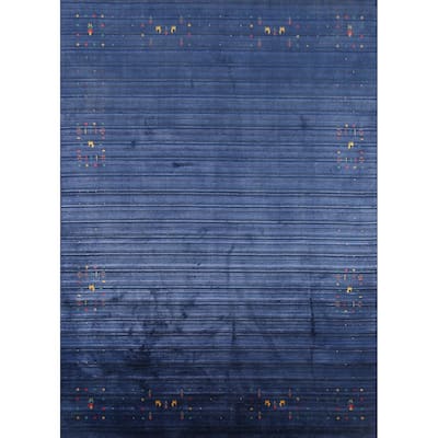 Striped Blue Tribal Gabbeh Indian Area Rug Hand-Knotted Wool Carpet - 8'0"x 9'7"