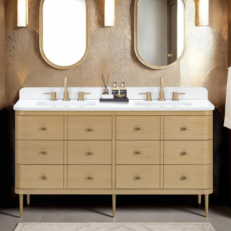 Serena Bathroom Vanity in Light Oak with White Engineered Stone Top - 61"W x 22"D x 34.9"H