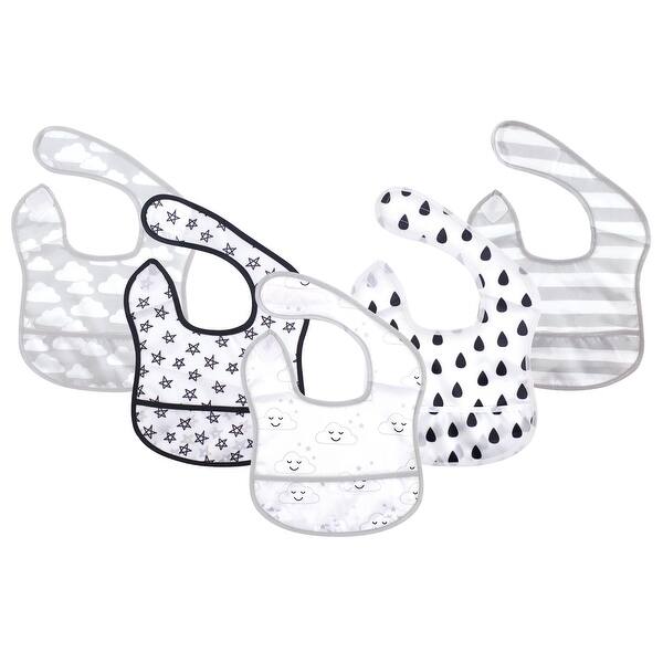 slide 1 of 1, Hudson Baby Infant Waterproof Polyester Bibs 5pk, Clouds, Beginner - Clouds Beginner - Clouds