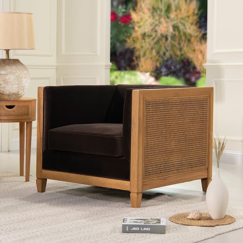 Georgia 34" Oak and Rattan Tuxedo Velvet Armchair