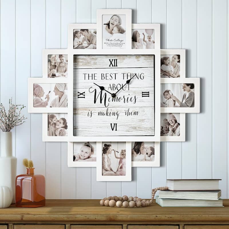 White Farmhouse Shabby-Chic Memories Picture Frame Collage Wall Clock - 20" x 20" - Memories