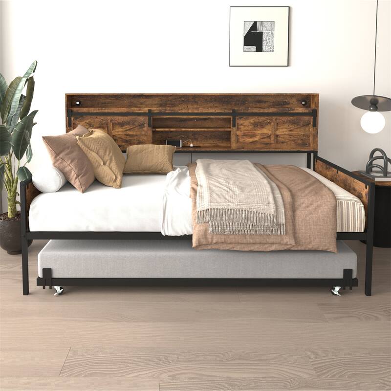 Twin Size Daybed with Trundle,Sliding Door Headboard,Charging Station