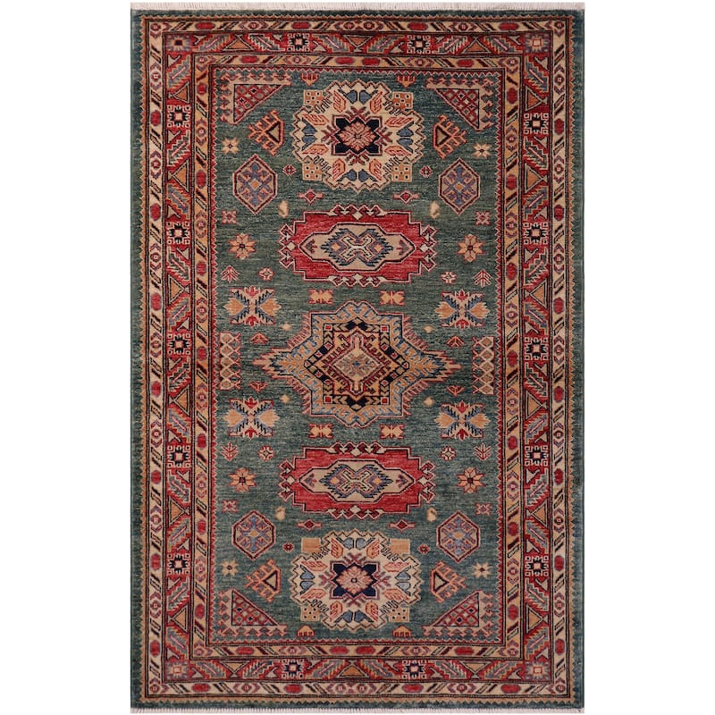 Southwestern Super Kazak Samara Green/Red Hand Knotted Wool Rug - 4'2'' x 5'11''