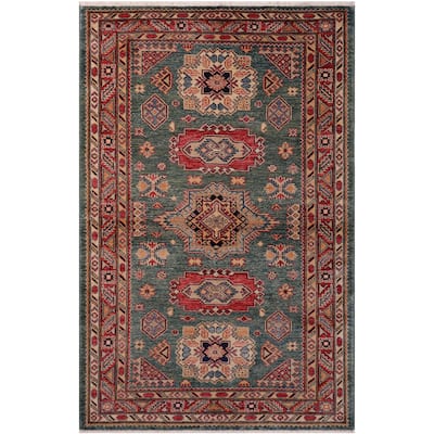 Southwestern Super Kazak Samara Green/Red Hand Knotted Wool Rug - 4'2'' x 5'11''