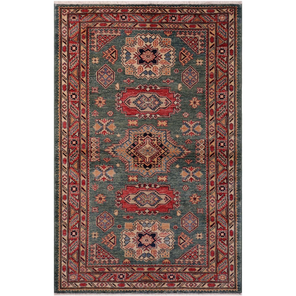 Southwestern Super Kazak Samara Green/Red Hand Knotted Wool Rug - 4'2'' x 5'11''
