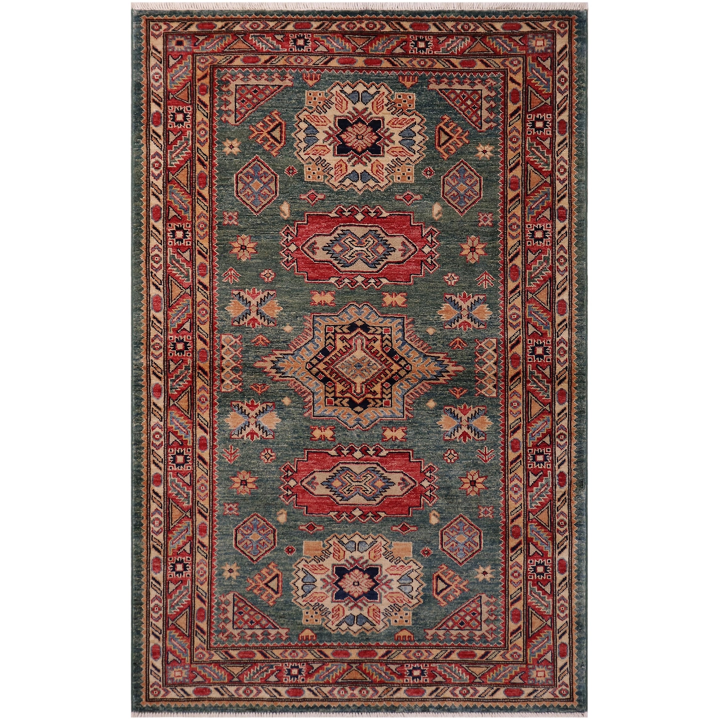 Southwestern Super Kazak Samara Green/Red Hand Knotted Wool Rug - 4'2'' x 5'11''