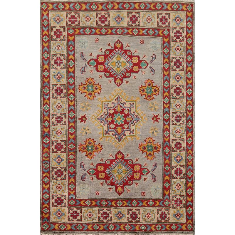 Kazak Oriental Foyer Rug Handmade Grey Wool Carpet - 3'4" x 5'1"