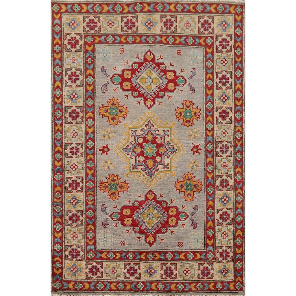 Kazak Oriental Foyer Rug Handmade Grey Wool Carpet - 3'4" x 5'1"