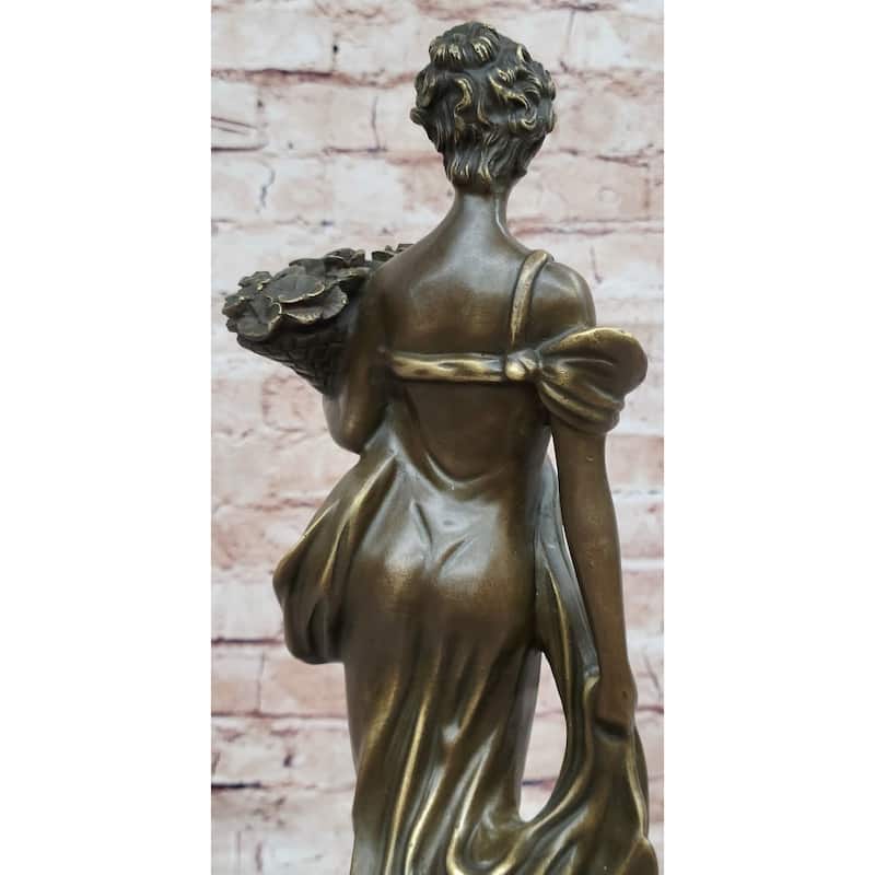Young Woman Holding Basket Of Flowers - Art Deco Nouveau Bronze Sculpture By Milo