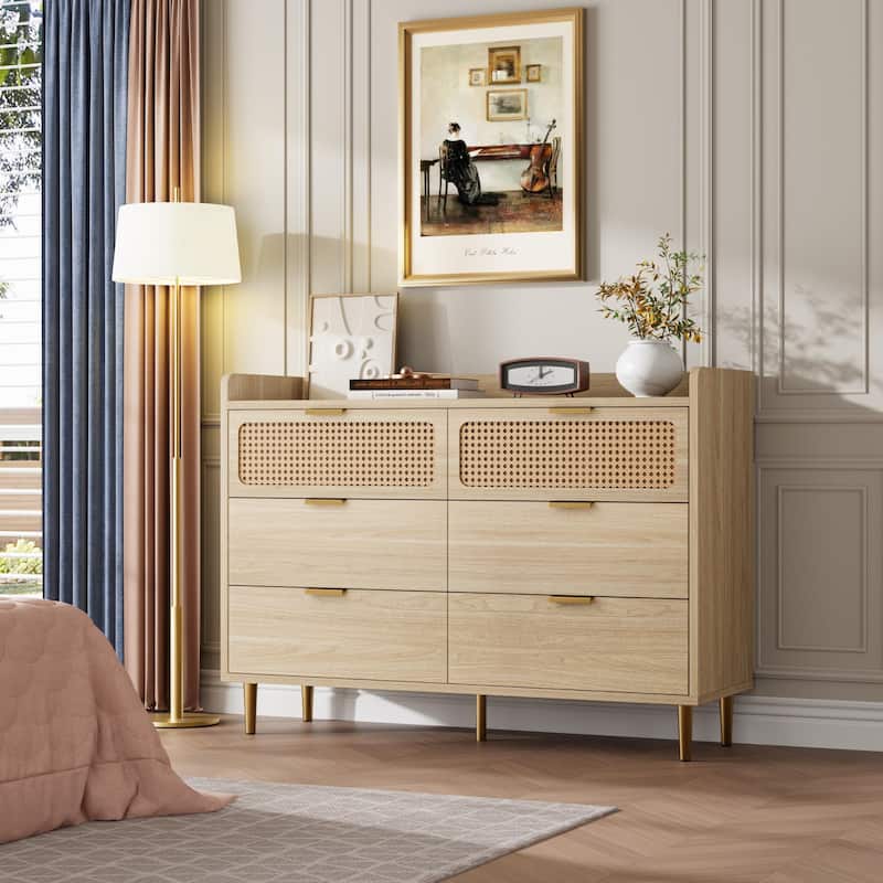 6 Drawer Double Dresser for Bedroom, Modern Chest of Drawers with Rattan Accents & Metal Legs