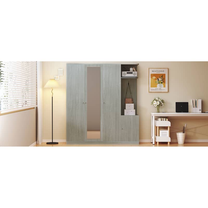 4-Door Wardrobe with Shelves, Drawers, and Full-Length Mirror