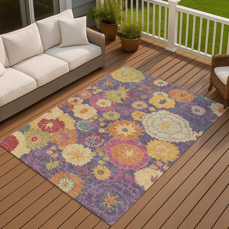 Machine Washable Indoor/ Outdoor Modern Floral Chantille Rug - Purple - 5' x 7'6"