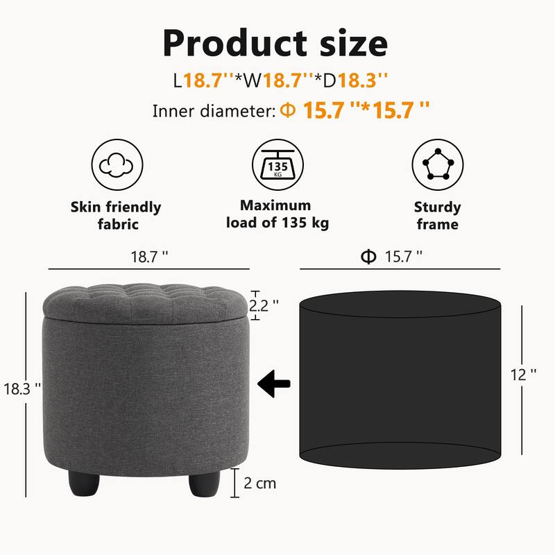 Modern Button Tufted Accent Storage Ottoman, Small Upholstered Circle Pouf Footstool with Removable Lid Storage Ottoman