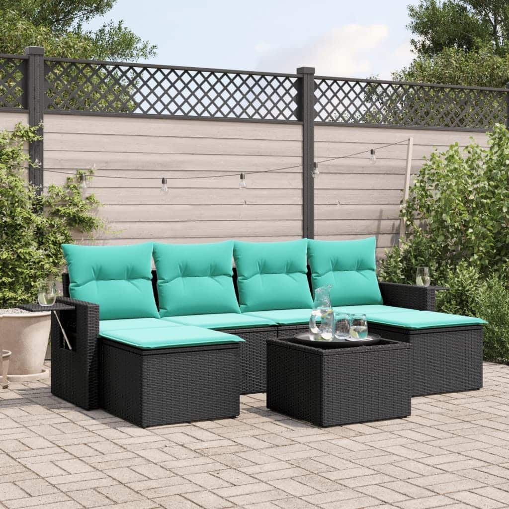 vidaXL 7 Piece Patio Sofa Set with Cushions Black Poly Rattan - 21.7 x 24.4 x 27.2