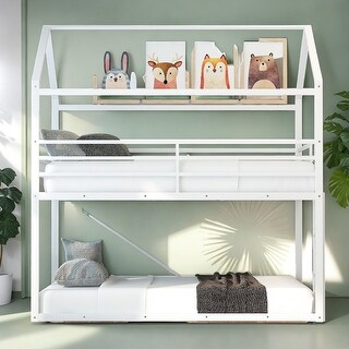 Elegant Bunk Beds for Kids Twin over Twin,House Bunk Bed Metal Bed Frame Built-in Ladder,No Box Spring Needed, White聽