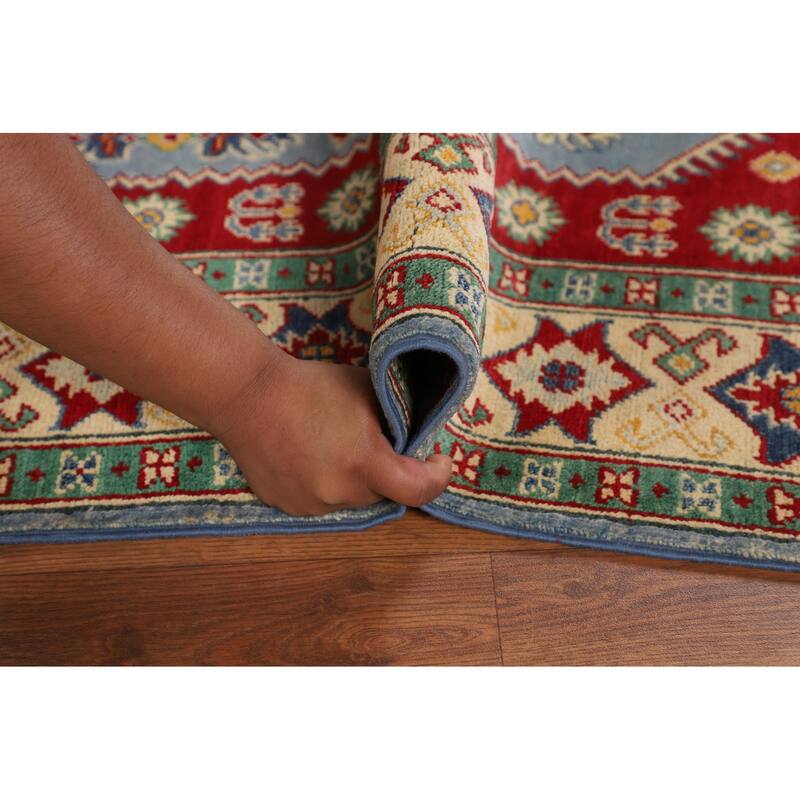 Light Blue Kazak Rug Handmade Geometric Wool Carpet - 4'10" x 6'1"
