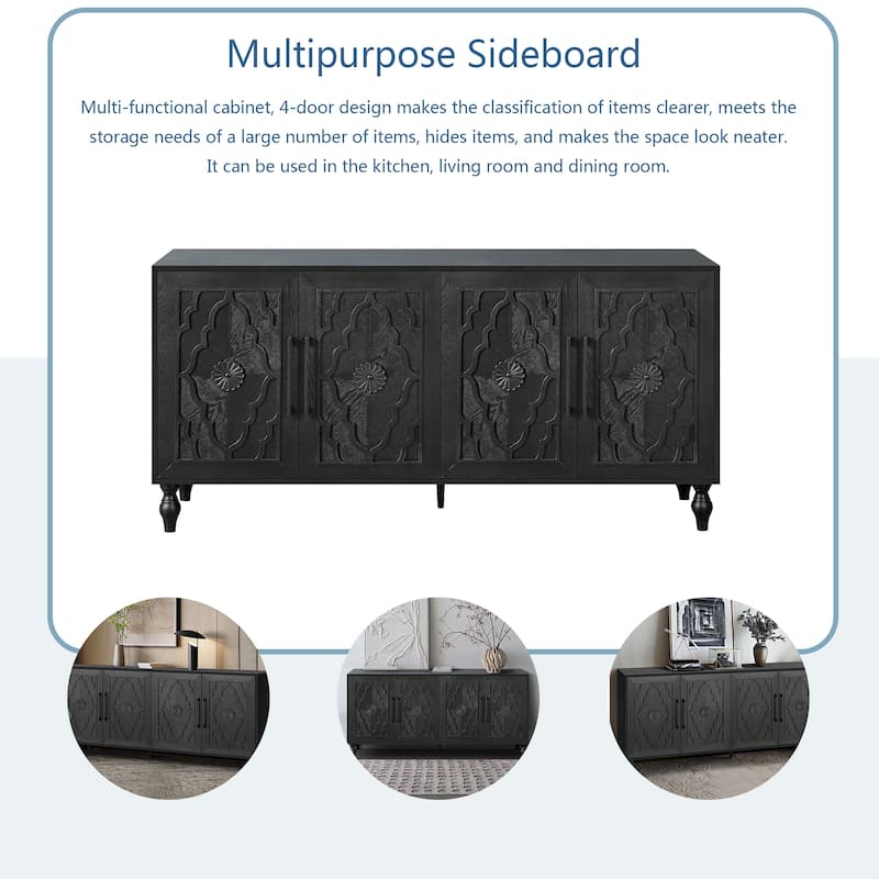Carved Flower Door Large Storage Dresser With Metal Handle Suitable for Living Room,Kitchen,Entryway