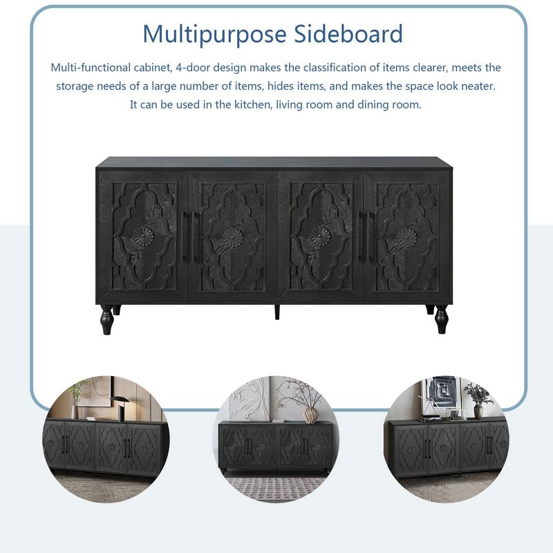 Emma Carved Flower Door Large Storage Sideboard Cabinet with Metal Handles by GDFStudio