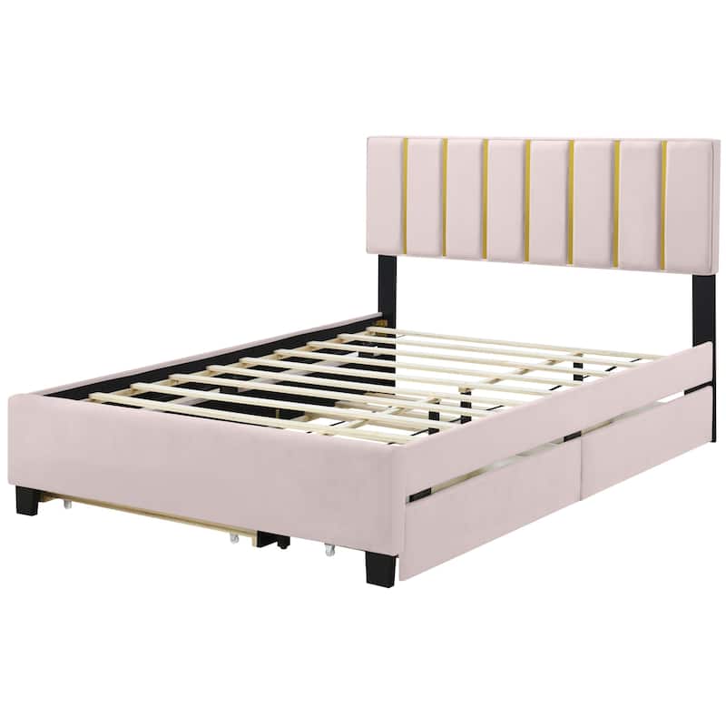 HomeRoots Pink Tufted Velvet Upholstered Queen Bed Frame With Trundle And Drawers