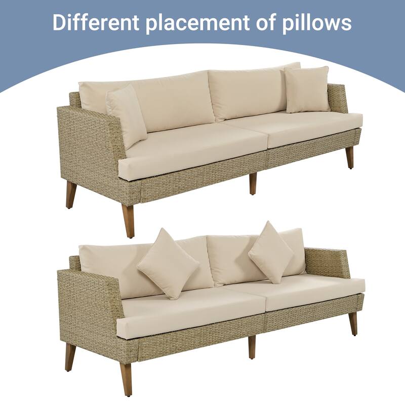 All-Weather PE Wicker Sofa Set with Double Cushions & Wood Legs, 6-Piece Outdoor Rattan Sectional