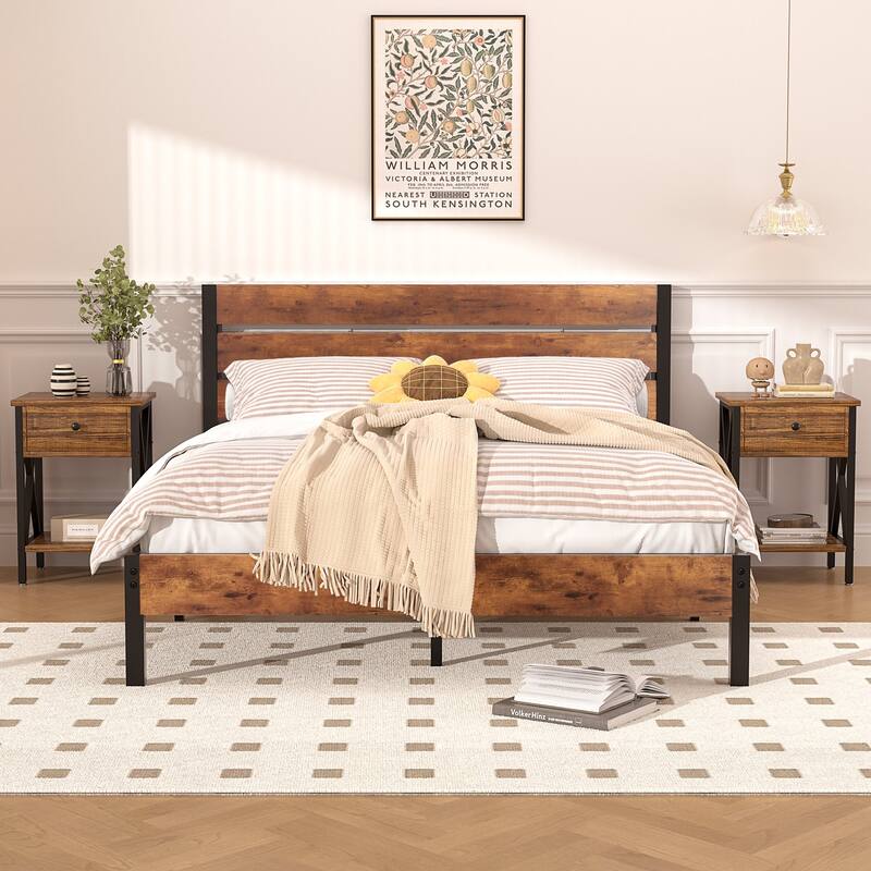 3-Pieces Bed Frame with Wood Headboard and Modern Nightstands Set of 2 - Brown Set - Queen