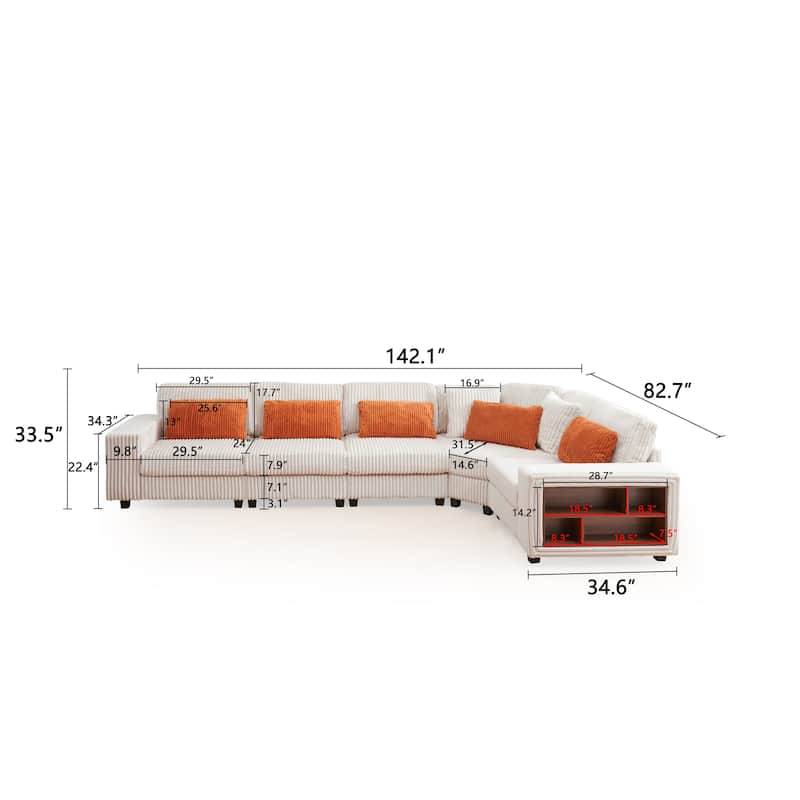 142'' L-Shaped 5 Seater Modular Sectional Sofa Couch with Pillow, Wooden Armrests and Storage, for Ultimate Comfort